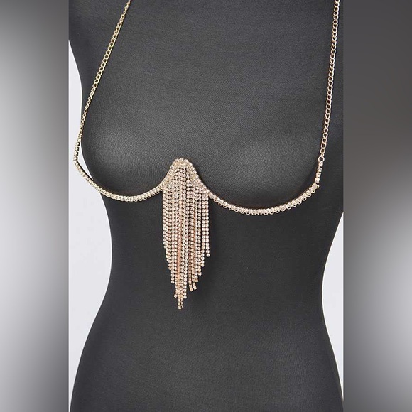 Gold Fringe Bra Bodychain Statement Necklace - Picture 2 of 4